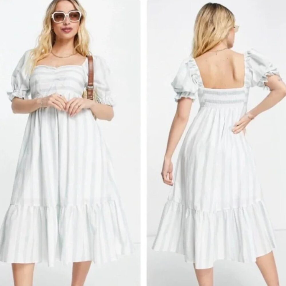 Abercrombie & Fitch Bubble Sleeve Mint Green Striped Midi Dress